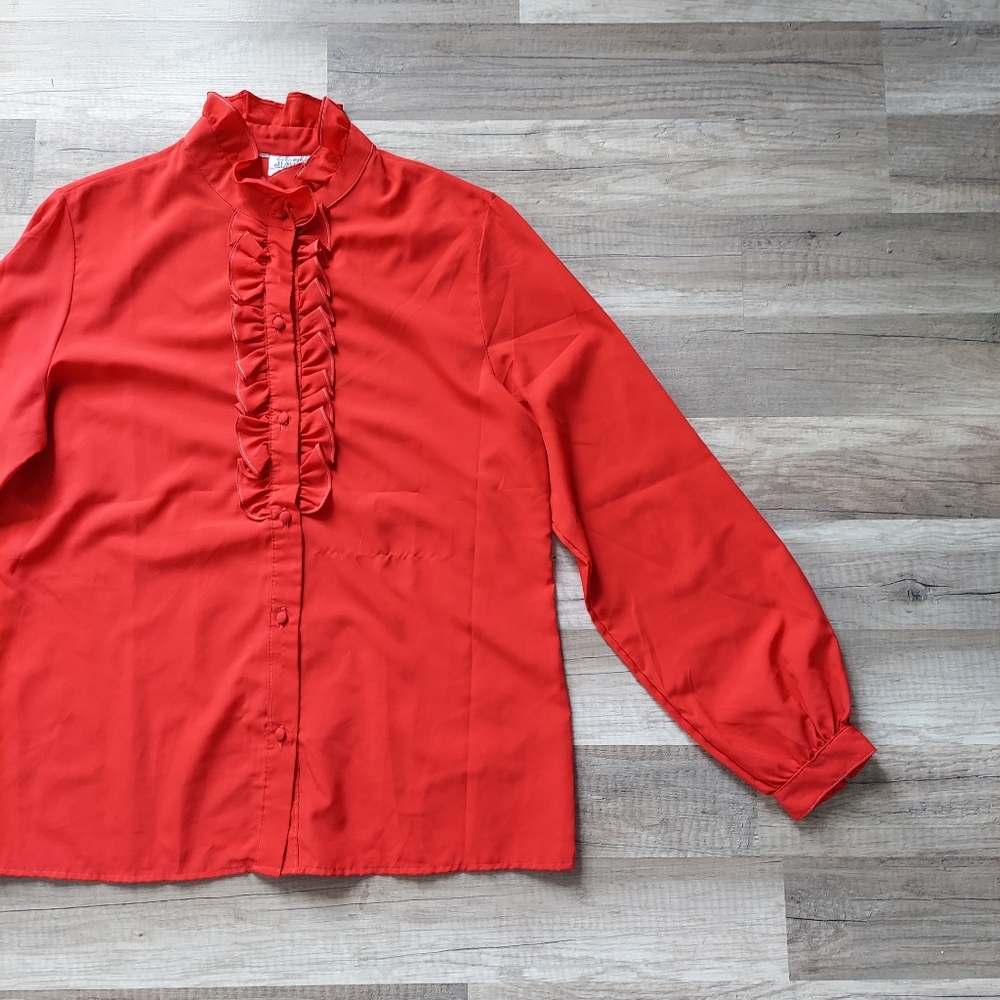Vintage 70s 80s Red Ruffle Front High Neck Button Up Blouse Medium
